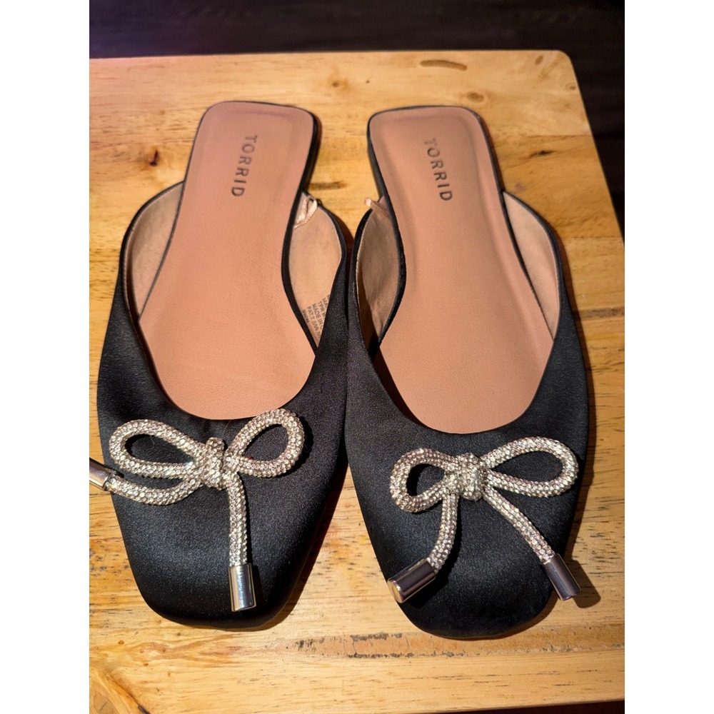Torrid Black Satin Rhinestone Bow Mules Square Toe Flat Slides 9WW Wide Width